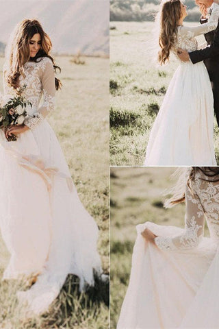 Long Sleeves Applique Tulle Scoop Wedding Dress