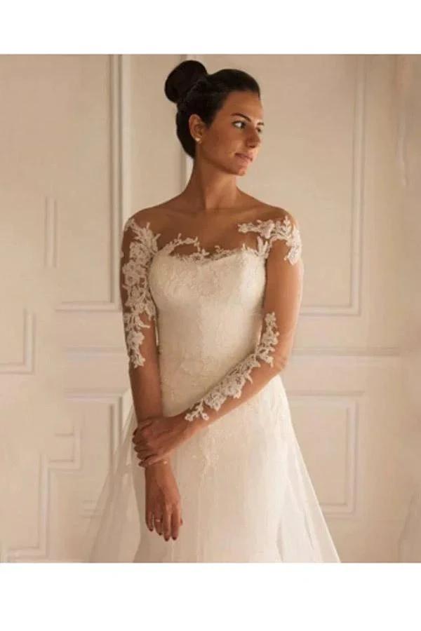 Long Sleeves Appliques Button Floor-Length Mermaid Wedding Dress WD151 by pgmdress