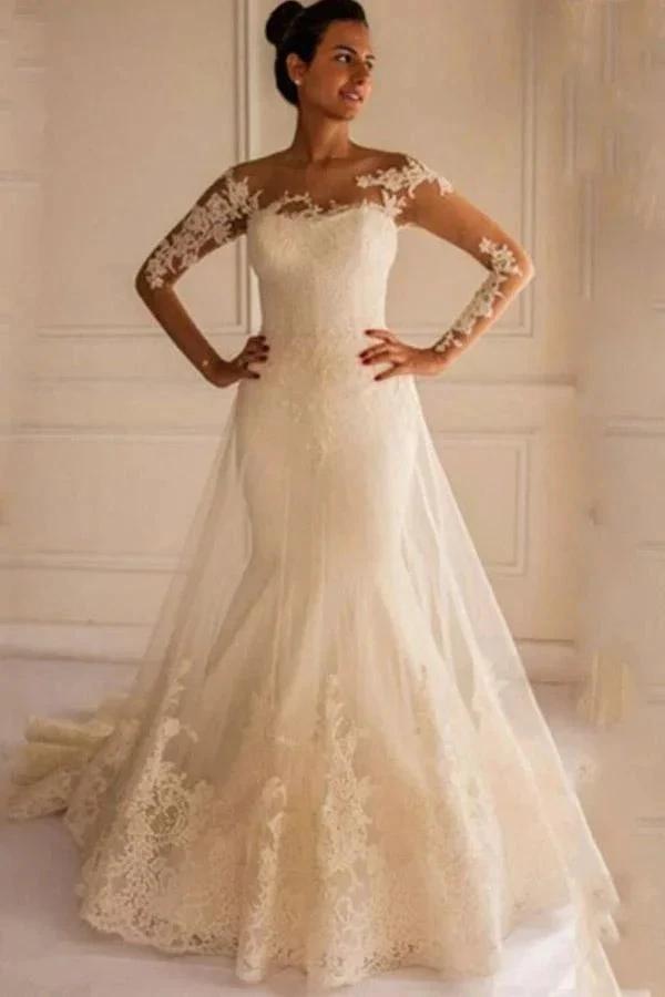 Long Sleeves Appliques Button Floor-Length Mermaid Wedding Dress WD151 by pgmdress