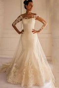 Long Sleeves Appliques Button Floor-Length Mermaid Wedding Dress WD151 by pgmdress