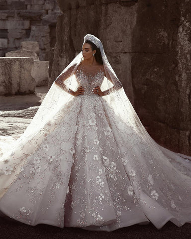 Long Sleeves Ball Gown Sweetheart Beading Floral Lace Wedding Dresses