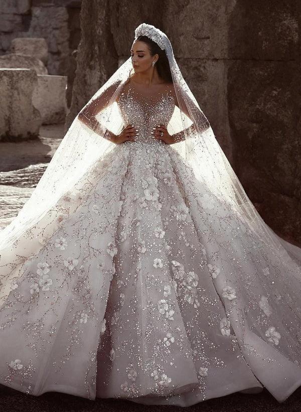 Long Sleeves Ball Gown Sweetheart Beading Floral Lace Wedding Dresses by BIZTUNNEL