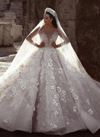 Long Sleeves Ball Gown Sweetheart Beading Floral Lace Wedding Dresses by BIZTUNNEL
