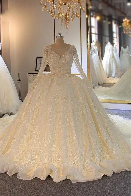Long Sleeves Ball Gown Wedding Dress With Lace Appliques
