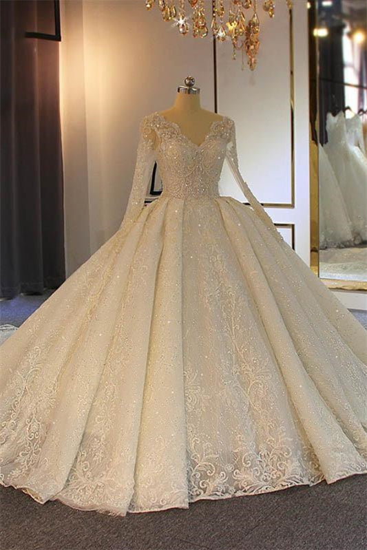 Long Sleeves Delicate Lace Wedding Dress Ball Gown