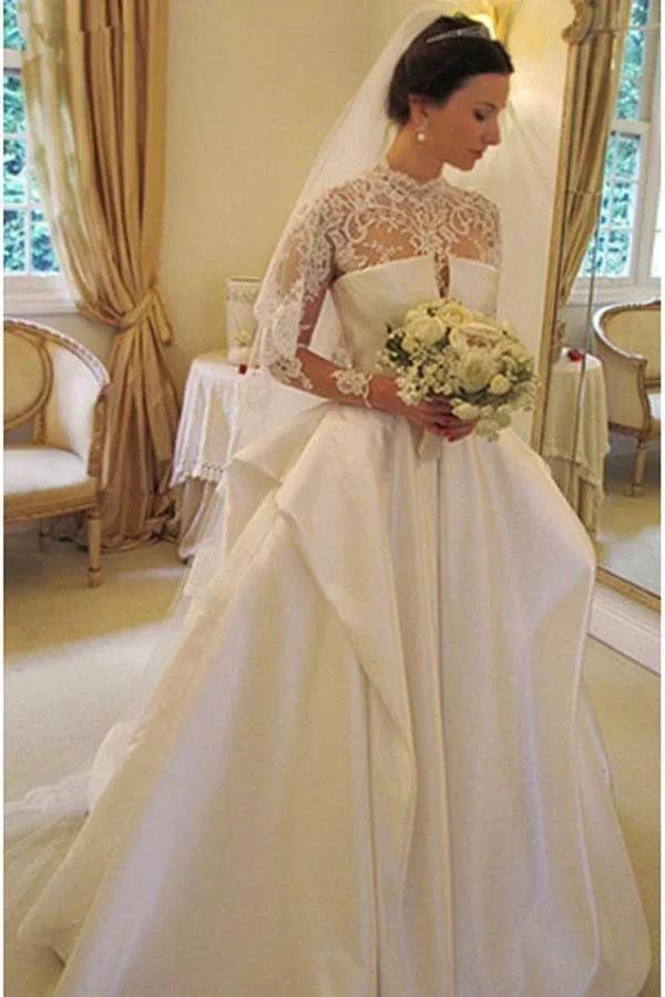 Long Sleeves High Neck Lace Court Train Satin Wedding Dress WD159 by pgmdress
