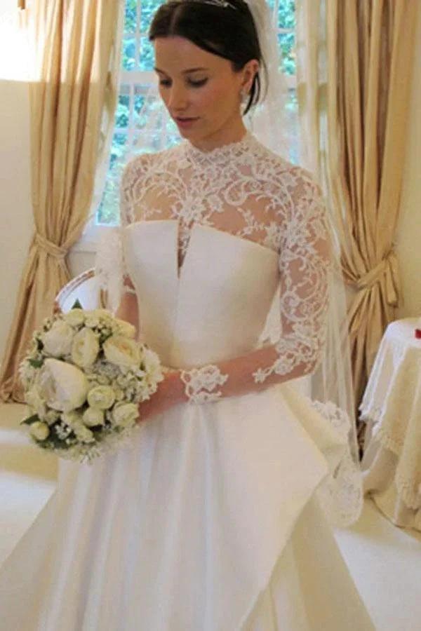 Long Sleeves High Neck Lace Court Train Satin Wedding Dress WD159 by pgmdress