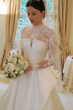 Long Sleeves High Neck Lace Court Train Satin Wedding Dress WD159 by pgmdress