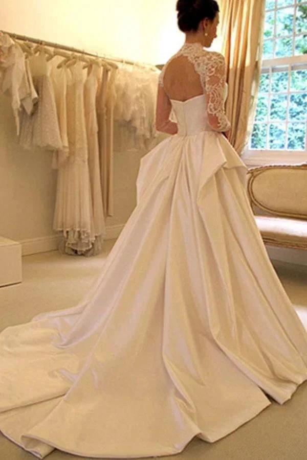 Long Sleeves High Neck Lace Court Train Satin Wedding Dress WD159 by pgmdress