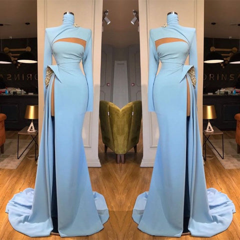 Long Sleeves High Neck Mermaid Prom Dress Long With Slit