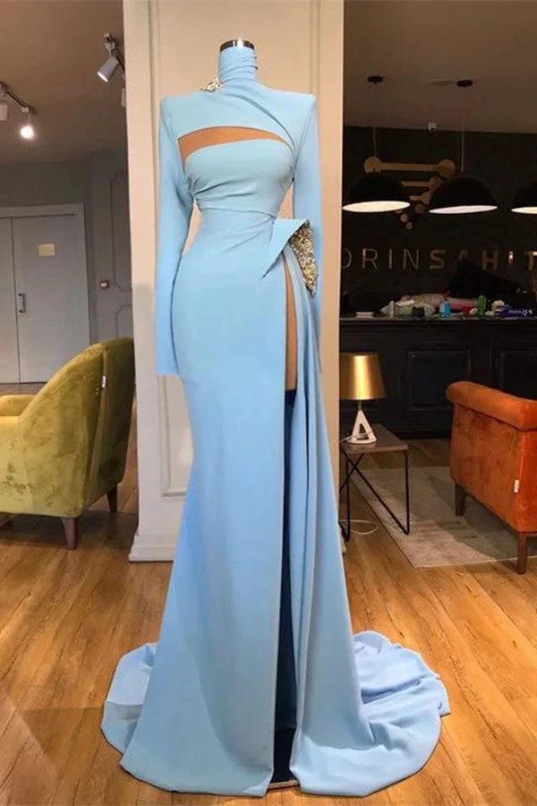 Long Sleeves High Neck Mermaid Prom Dress Long With Slit by misshow.com