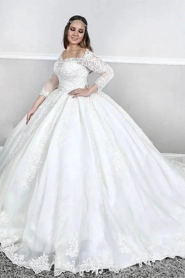 Long Sleeves Lace Square neck puffy Princess Wedding Dress by misshow.com