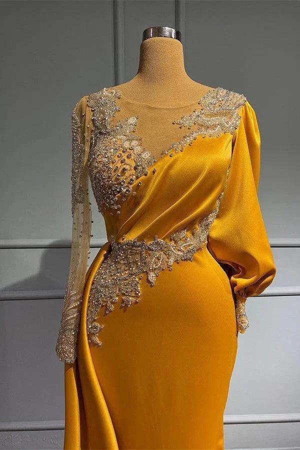 Long Sleeves Mermaid Jewel Asymmetric Beading Satin Formal Prom Dresses by BIZTUNNEL