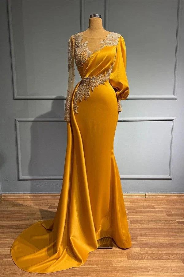 Long Sleeves Mermaid Jewel Asymmetric Beading Satin Formal Prom Dresses by BIZTUNNEL