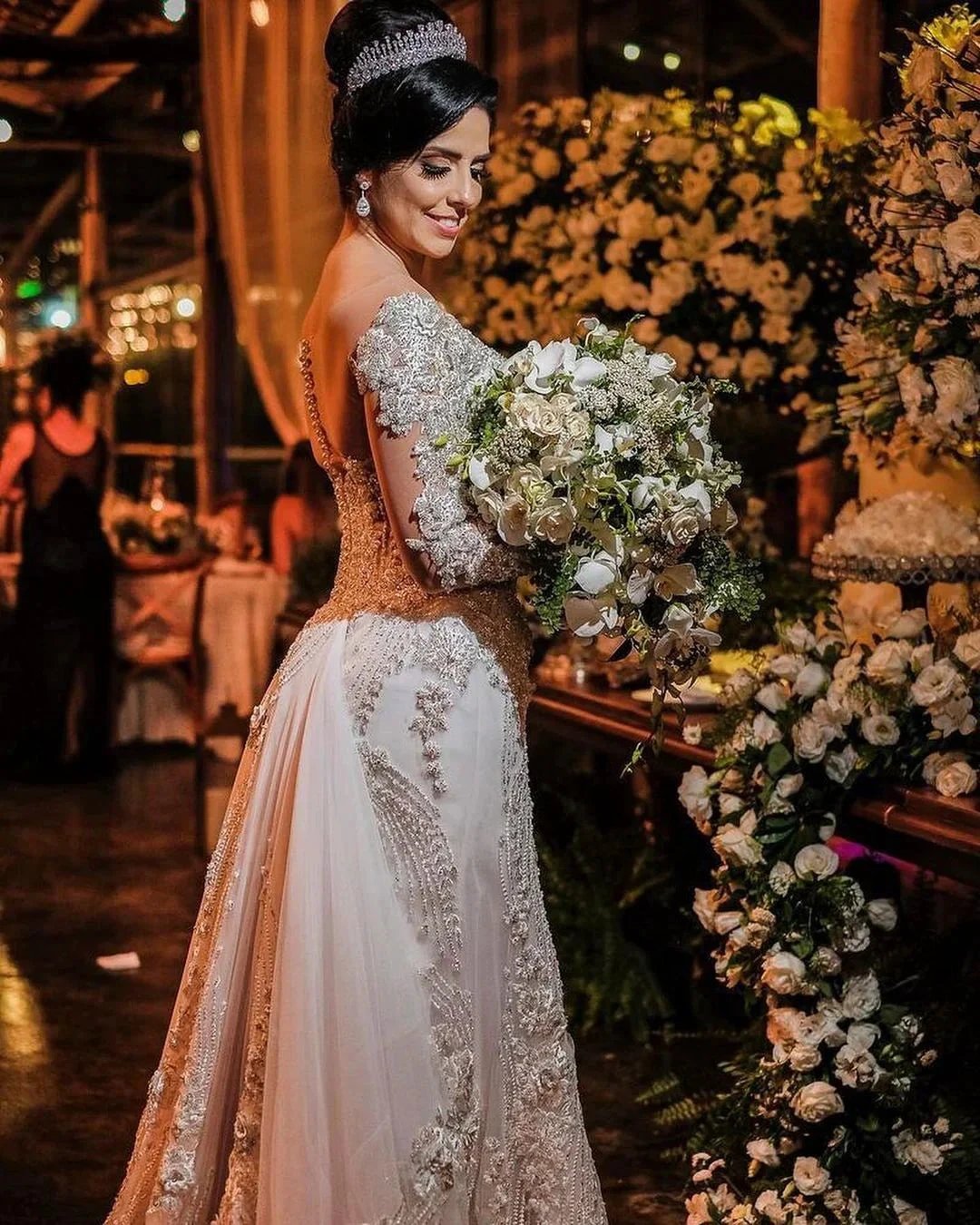 Long Sleeves Mermaid Off-the-shoulder Tulle Wedding Dress with Appliques Lace by BIZTUNNEL