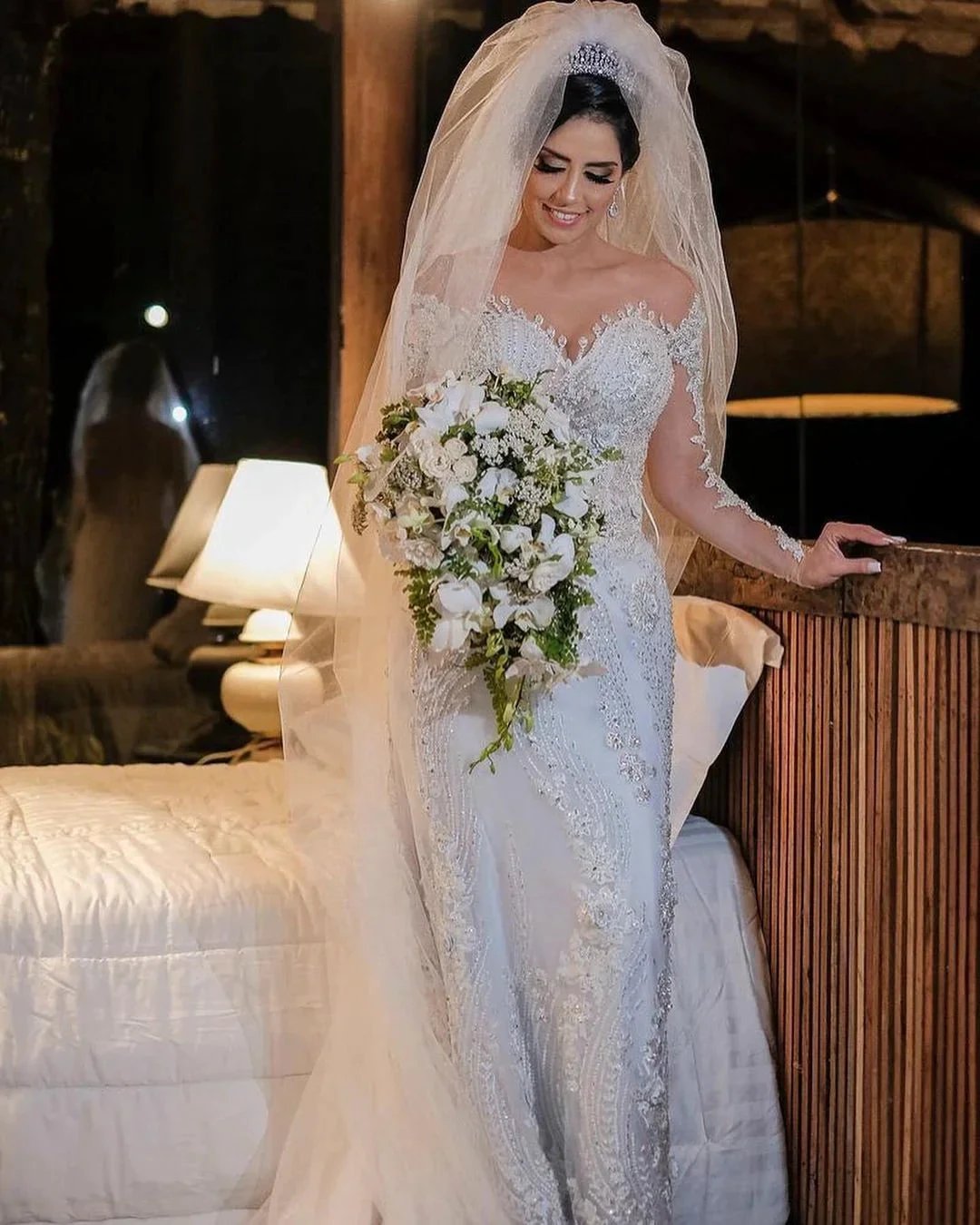 Long Sleeves Mermaid Off-the-shoulder Tulle Wedding Dress with Appliques Lace by BIZTUNNEL