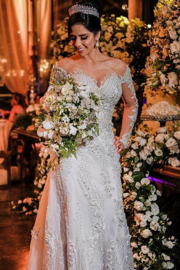 Long Sleeves Mermaid Off-the-shoulder Tulle Wedding Dress with Appliques Lace by BIZTUNNEL