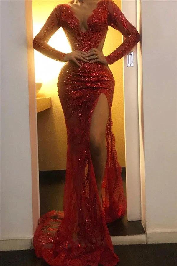 Long Sleeves Mermaid V-neck Backless Sequined Prom Dress with slit by BIZTUNNEL