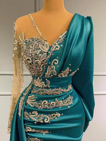 Vestido de fiesta de satén con escote en V y manga larga estilo sirena con drapeado lateral