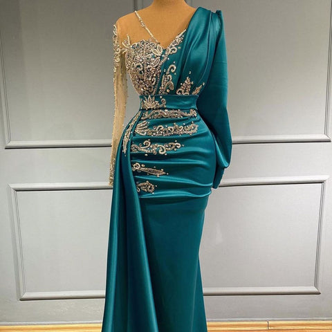 Vestido de fiesta de satén con escote en V y manga larga estilo sirena con drapeado lateral
