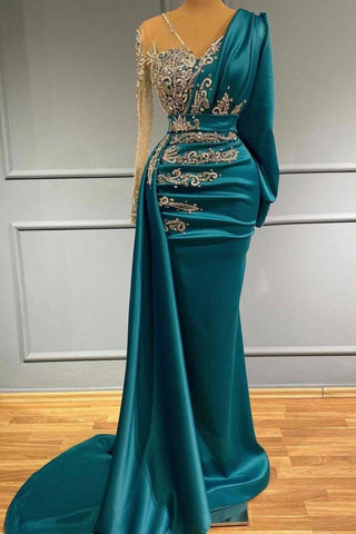 Vestido de fiesta de satén con escote en V y manga larga estilo sirena con drapeado lateral
