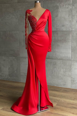 Vestido de fiesta de satén elástico con escote en V y manga larga de sirena con abertura