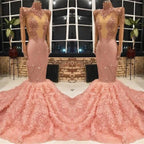 Long Sleeves Pink Prom Dress Mermaid Appliques With Flowers Bottom by misshow.com