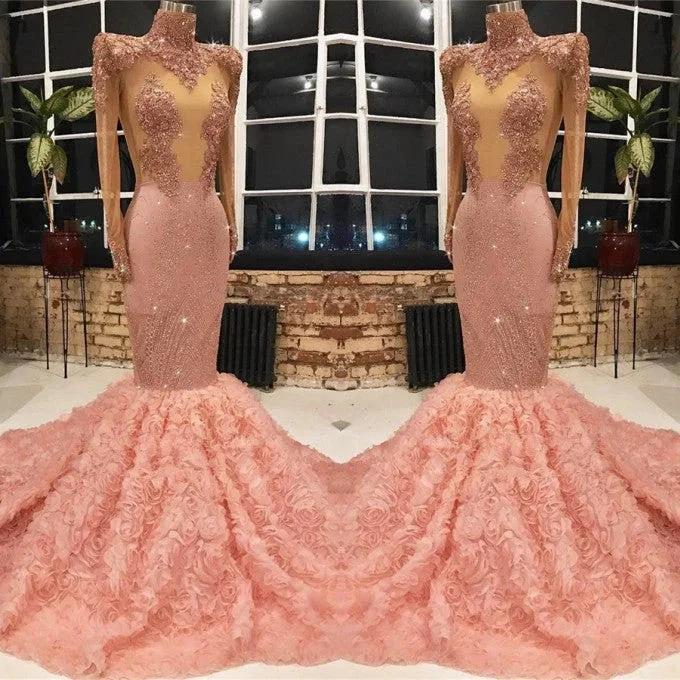 Long Sleeves Pink Prom Dress Mermaid Appliques With Flowers Bottom by misshow.com