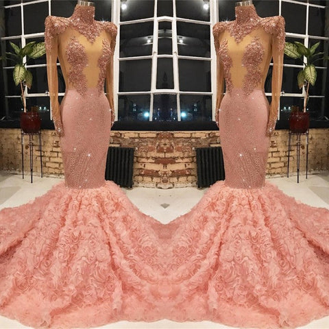 Long Sleeves Pink Prom Dress Mermaid Appliques With Flowers Bottom