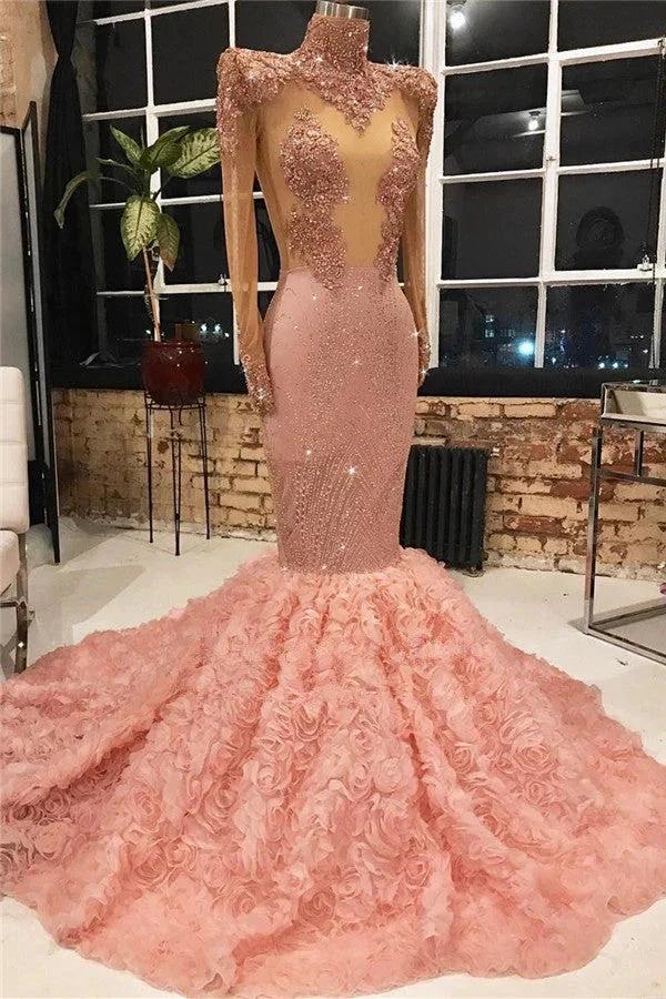 Long Sleeves Pink Prom Dress Mermaid Appliques With Flowers Bottom by misshow.com