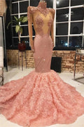 Long Sleeves Pink Prom Dress Mermaid Appliques With Flowers Bottom by misshow.com