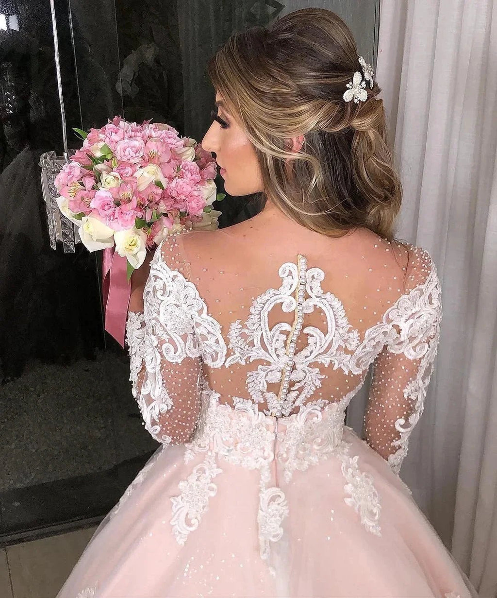 Long Sleeves Princess Off-the-shoulder Tulle Floral Lace Appliques Wedding Dress by BIZTUNNEL