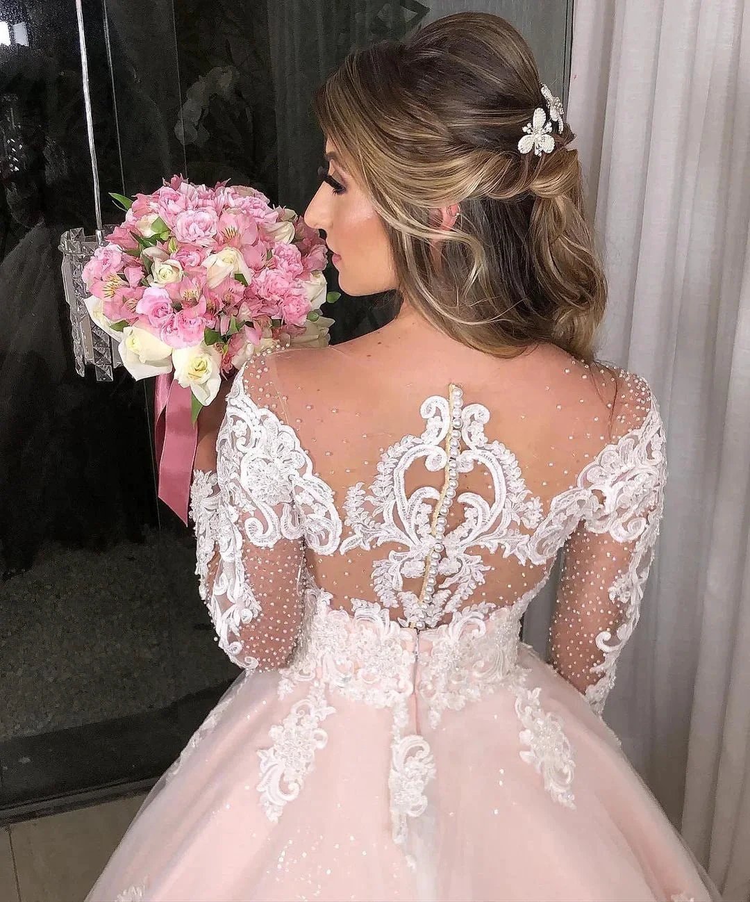 Long Sleeves Princess Off-the-shoulder Tulle Floral Lace Appliques Wedding Dress by BIZTUNNEL