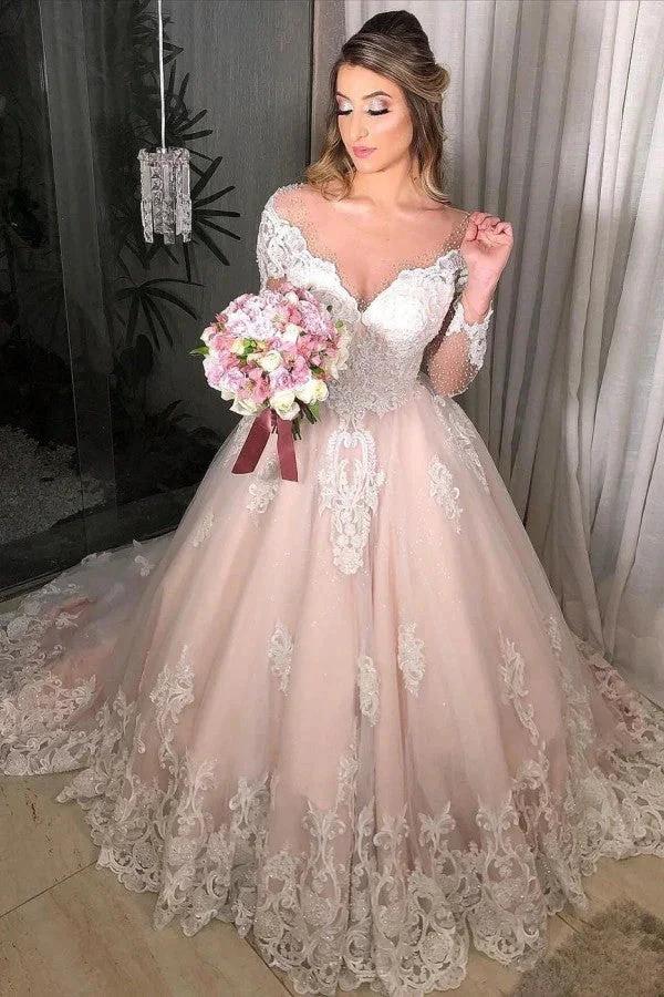 Long Sleeves Princess Off-the-shoulder Tulle Floral Lace Appliques Wedding Dress by BIZTUNNEL