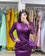 Long Sleeves Purple Mermaid Evening Gown with Soft Floral LAce Appliques by misshow.com