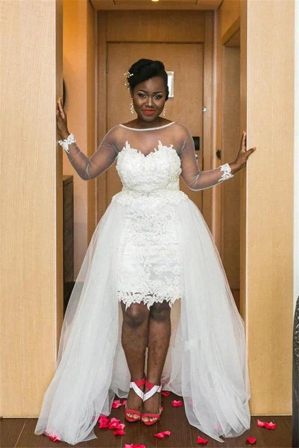 Long Sleeves Sheer Tulle Wedding Dress Lace Overskirt Bridal Wears by misshow.com