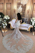 Long Sleeves Tulle High Neck Appliques Lace Wedding Dresses with Detachable Overskirt by BIZTUNNEL