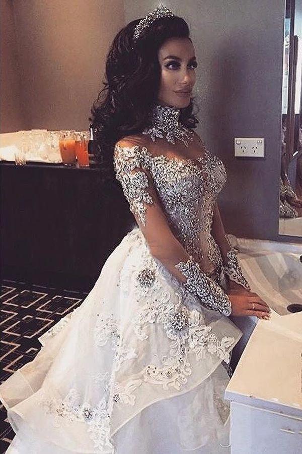 Long Sleeves Tulle High Neck Appliques Lace Wedding Dresses with Detachable Overskirt by BIZTUNNEL