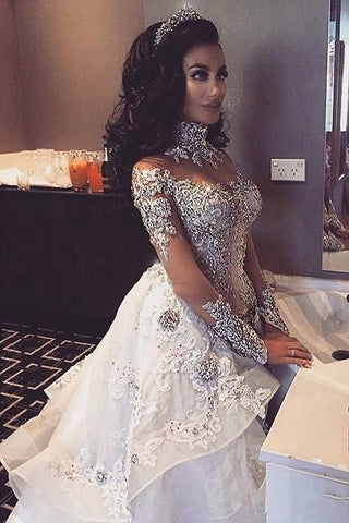 Long Sleeves Tulle High Neck Appliques Lace Wedding Dresses with Detachable Overskirt