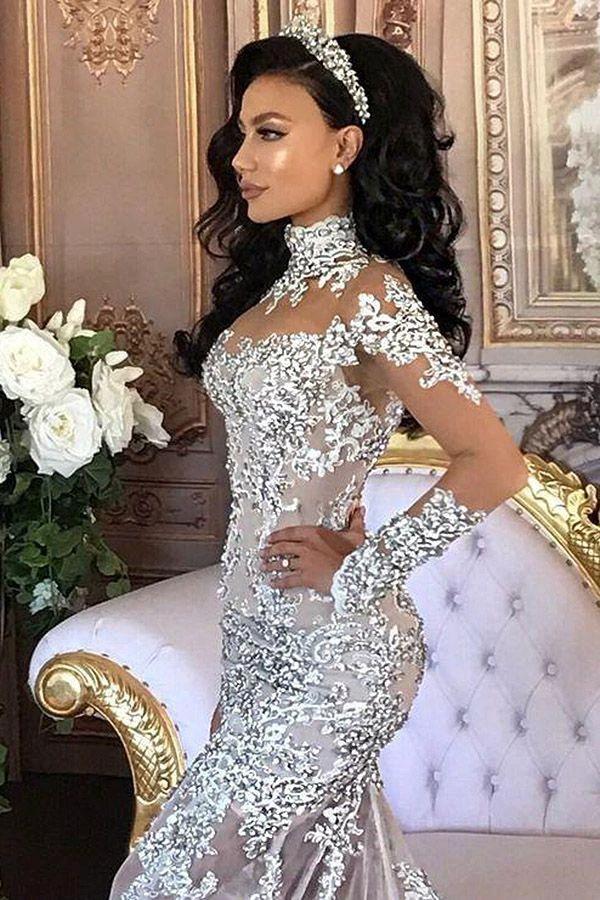 Long Sleeves Tulle High Neck Appliques Lace Wedding Dresses with Detachable Overskirt by BIZTUNNEL