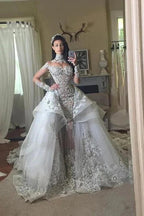 Long Sleeves Tulle High Neck Appliques Lace Wedding Dresses with Detachable Overskirt by BIZTUNNEL