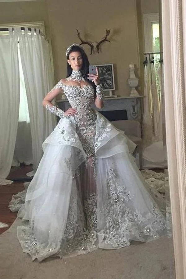 Long Sleeves Tulle High Neck Appliques Lace Wedding Dresses with Detachable Overskirt by BIZTUNNEL