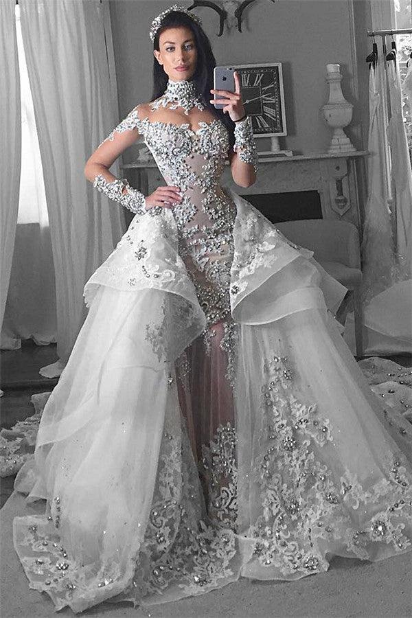 Long Sleeves Tulle High Neck Appliques Lace Wedding Dresses with Detachable Overskirt by BIZTUNNEL