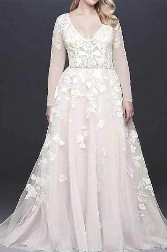 Long Sleeves V-Neck s Belt Wedding Dress by misshow.com