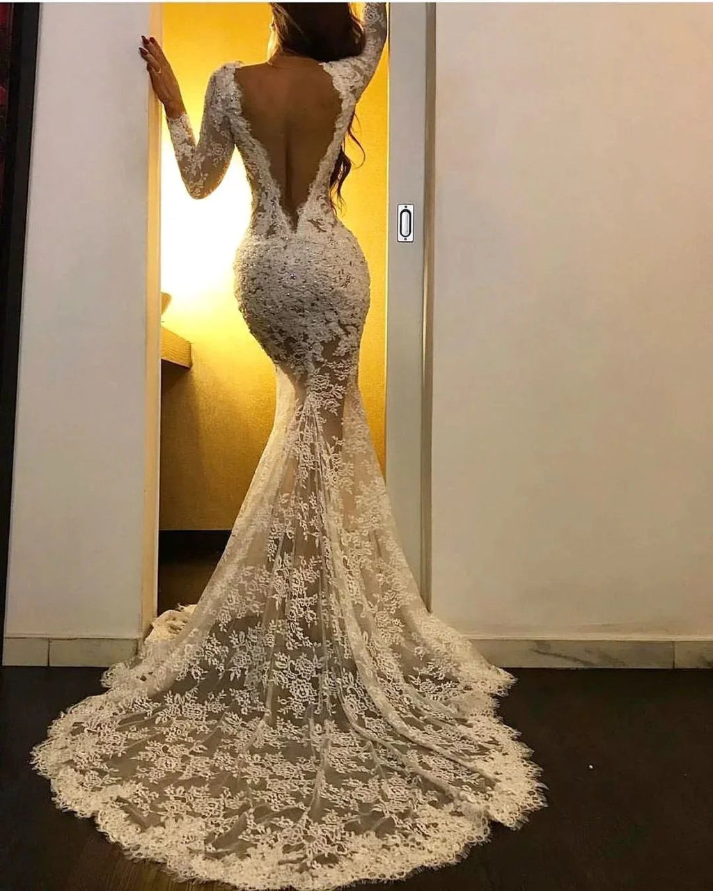 Long Sleeves White Mermaid V-neck Lace Formal Prom Dress with Slit by BIZTUNNEL