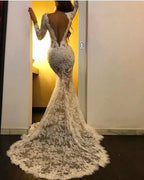 Long Sleeves White Mermaid V-neck Lace Formal Prom Dress with Slit by BIZTUNNEL
