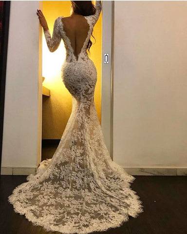 Long Sleeves White Mermaid V-neck Lace Formal Prom Dress with Slit