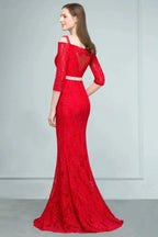 Long Spaghetti Off-shoulder Mermaid Lace Prom Dresses with Sleeves and Sash by misshow.com
