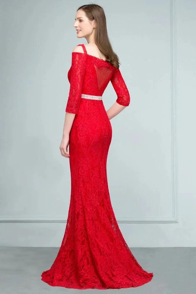 Long Spaghetti Off-shoulder Mermaid Lace Prom Dresses with Sleeves and Sash by misshow.com