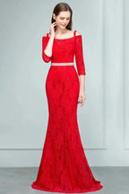Long Spaghetti Off-shoulder Mermaid Lace Prom Dresses with Sleeves and Sash by misshow.com